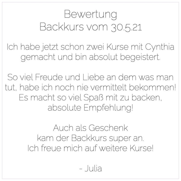 Backkurs | 22. Mai - Cynthia Barcomi's Onlineshop