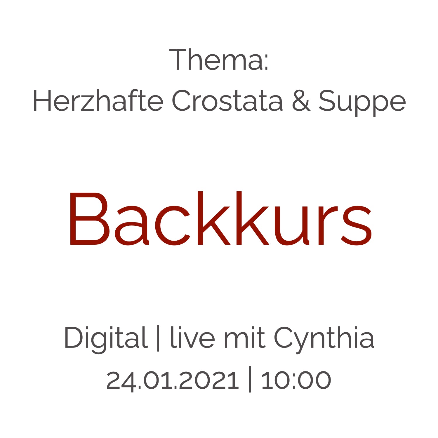 Backkurs | 24. Januar - Cynthia Barcomi's Onlineshop